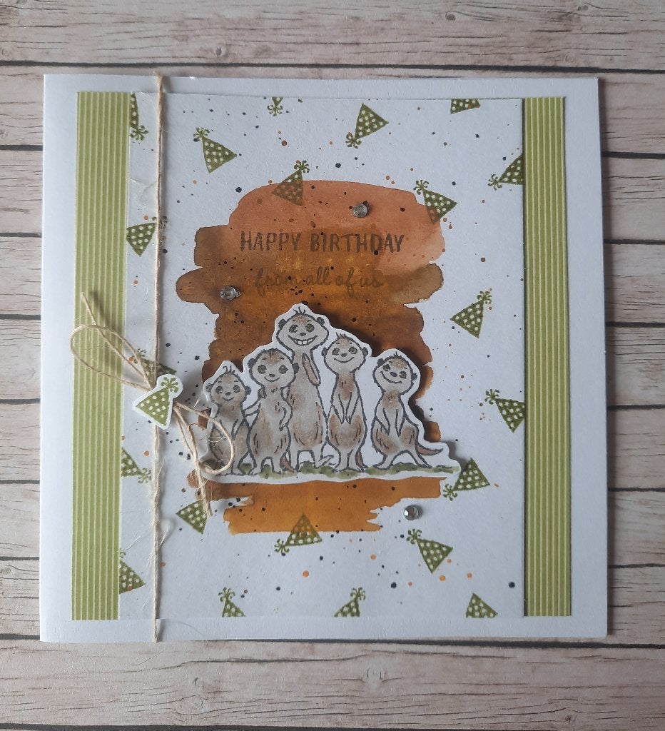 gestempelde kaart Happy birthday from all of us stokstaartje, Ophalen of Verzenden, Nieuw, Overige thema's