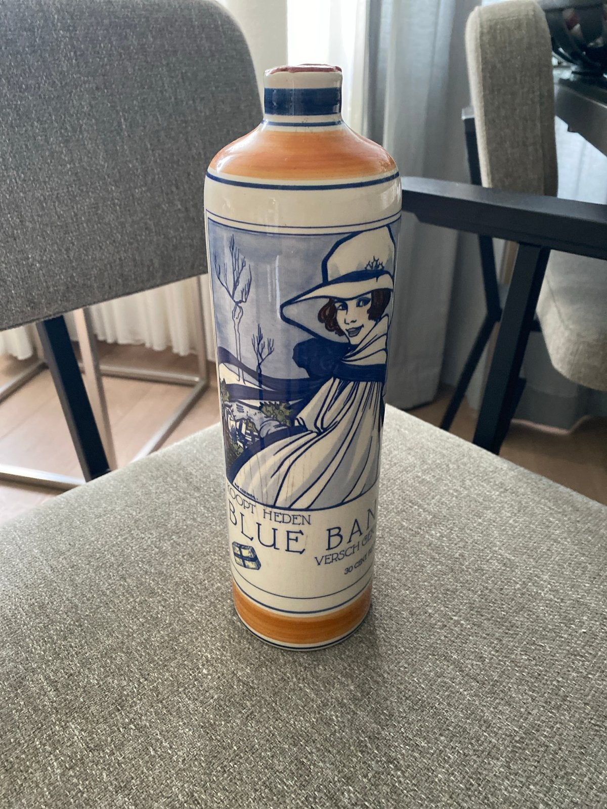 Vintage Polychroom Handgeschilderde Fles "Blue Band", Antiek en Kunst, Ophalen of Verzenden