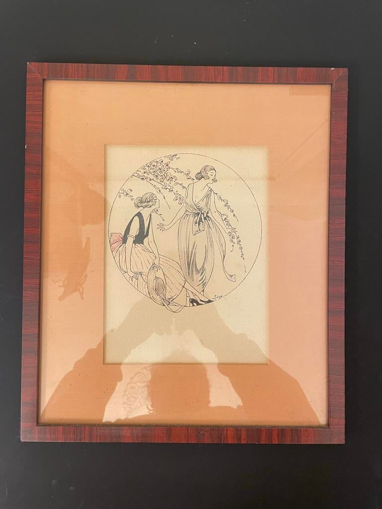 DOOS 3 - Jugendstil lithografie van twee jonge dames, Ophalen of Verzenden