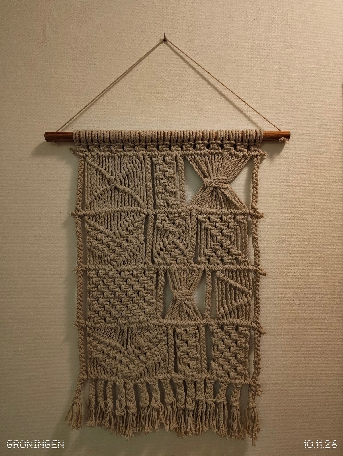 Macramé wanddecoratie crème wit 60x72 cm, Ophalen, Textiel, Zo goed als nieuw, Handgemaakt