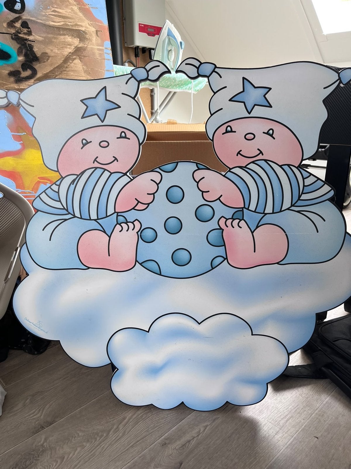 Geboortebord Tweeling Baby's op Wolk - Jongens, Ophalen, Gebruikt, Geboortebord