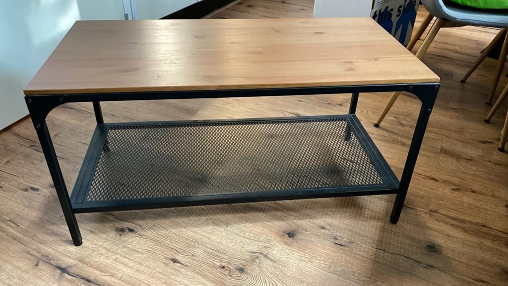 Salontafel met houten blad en metalen frame, Huis en Inrichting, Tafels | Salontafels, Gebruikt, 100 tot 150 cm, Industrieel, Modern