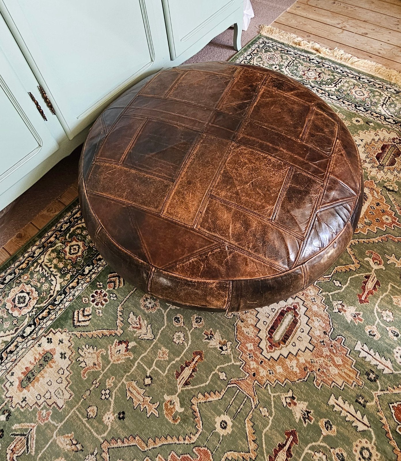 Poef, leer, vintage., Ophalen, Minder dan 50 cm, Gebruikt, Rond