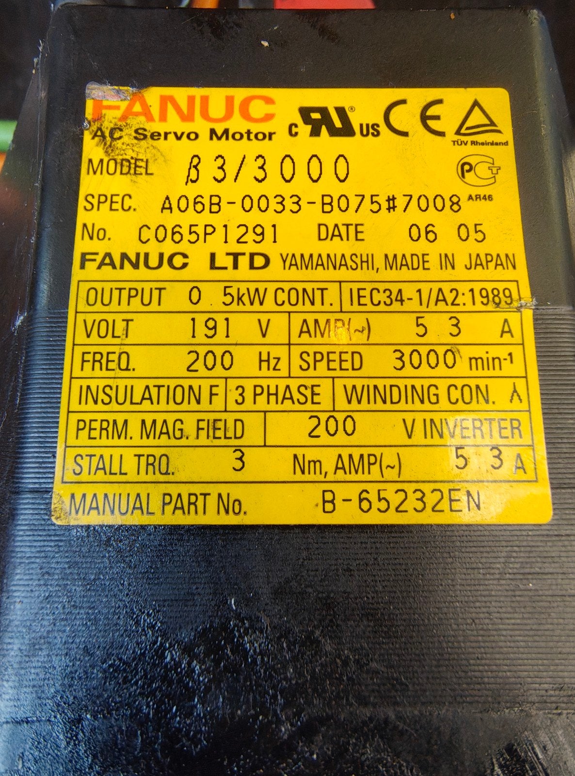 FANUC AC Servomotor B3/3000 - 0.5kW, 3000 min-1, Doe-het-zelf en Verbouw, Ophalen of Verzenden