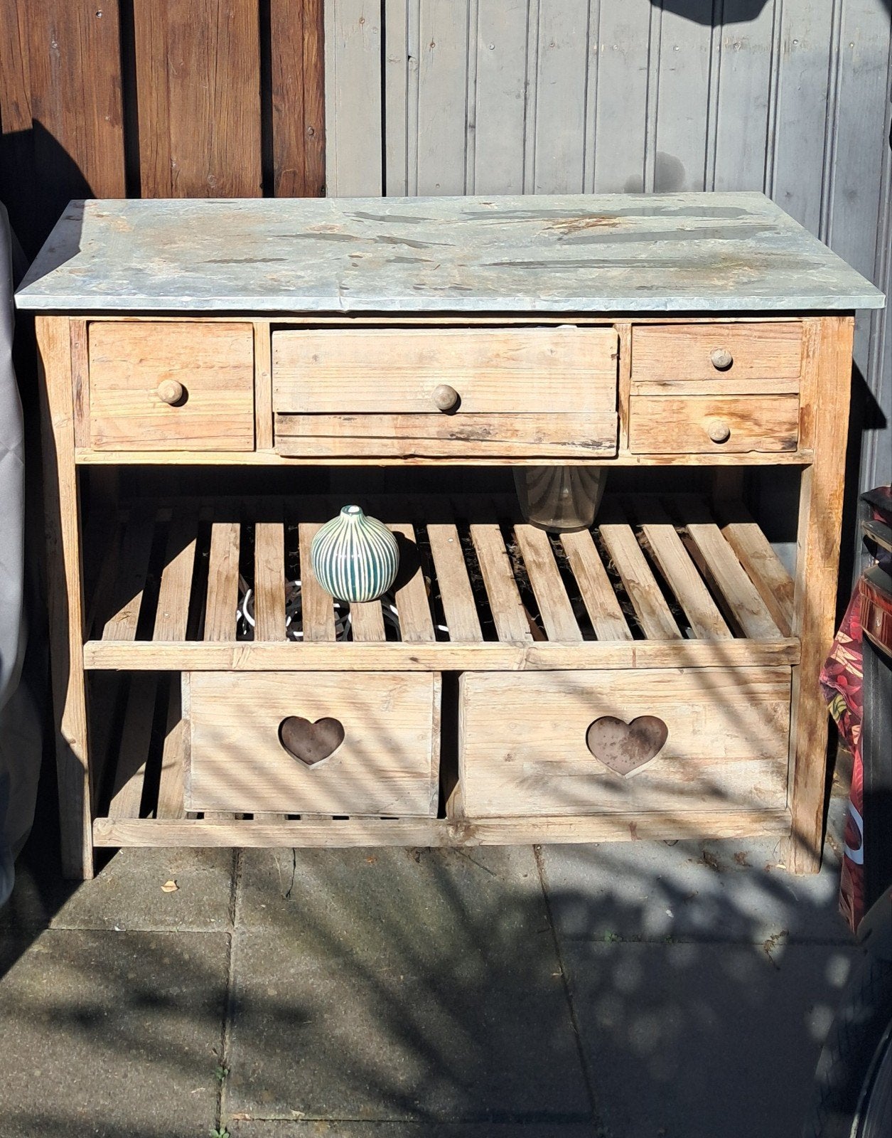 Landelijke houten sidetabel / oppottafel met zinken blad, Ophalen, Gebruikt, 25 tot 50 cm, Rechthoekig