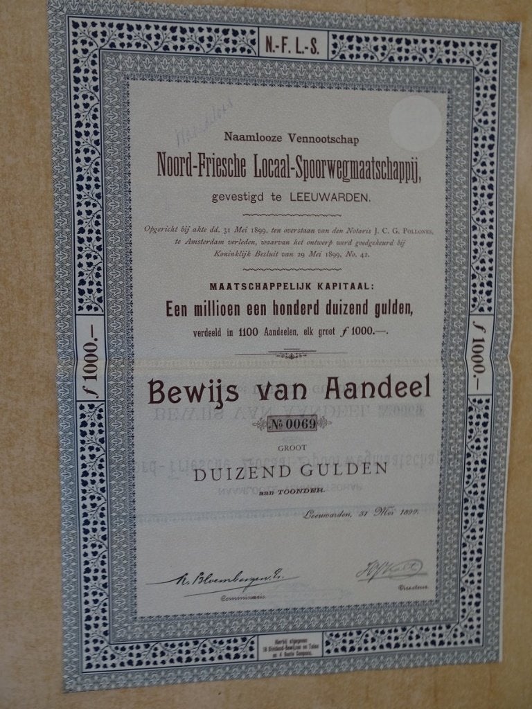 Aandeel Noord-Friesche Locaal-Spoorwegmaatschappij. 1899, Ophalen of Verzenden, Voor 1920, Aandeel