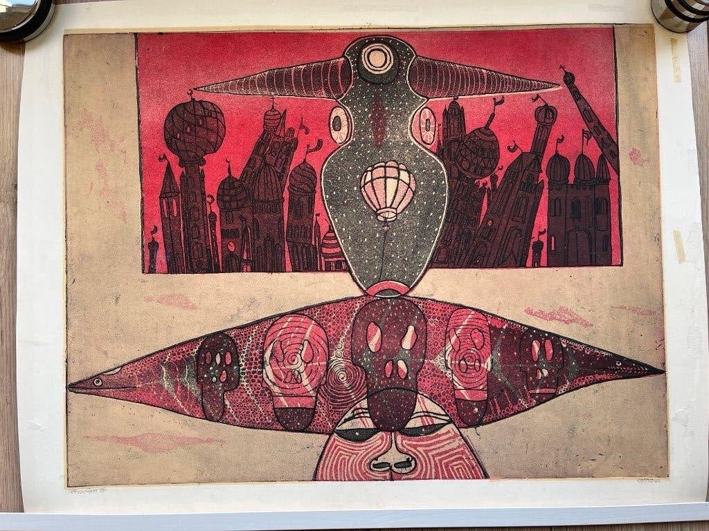 oude zeefdruk 58x73 cm P.F. van Geer 1972 eigen druk, Antiek en Kunst, Kunst | Litho's en Zeefdrukken, Personages en Fantasiefiguren