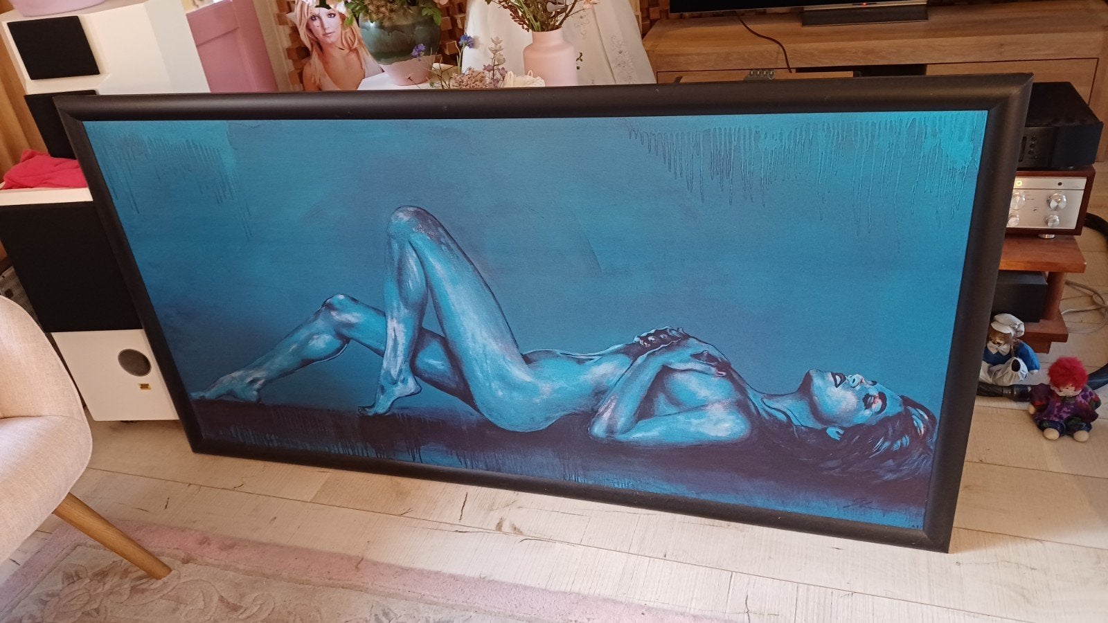 Schilderij afdruk naakte dame ingelijst., Antiek en Kunst, Ophalen, Overige materialen, Op houten frame, Print