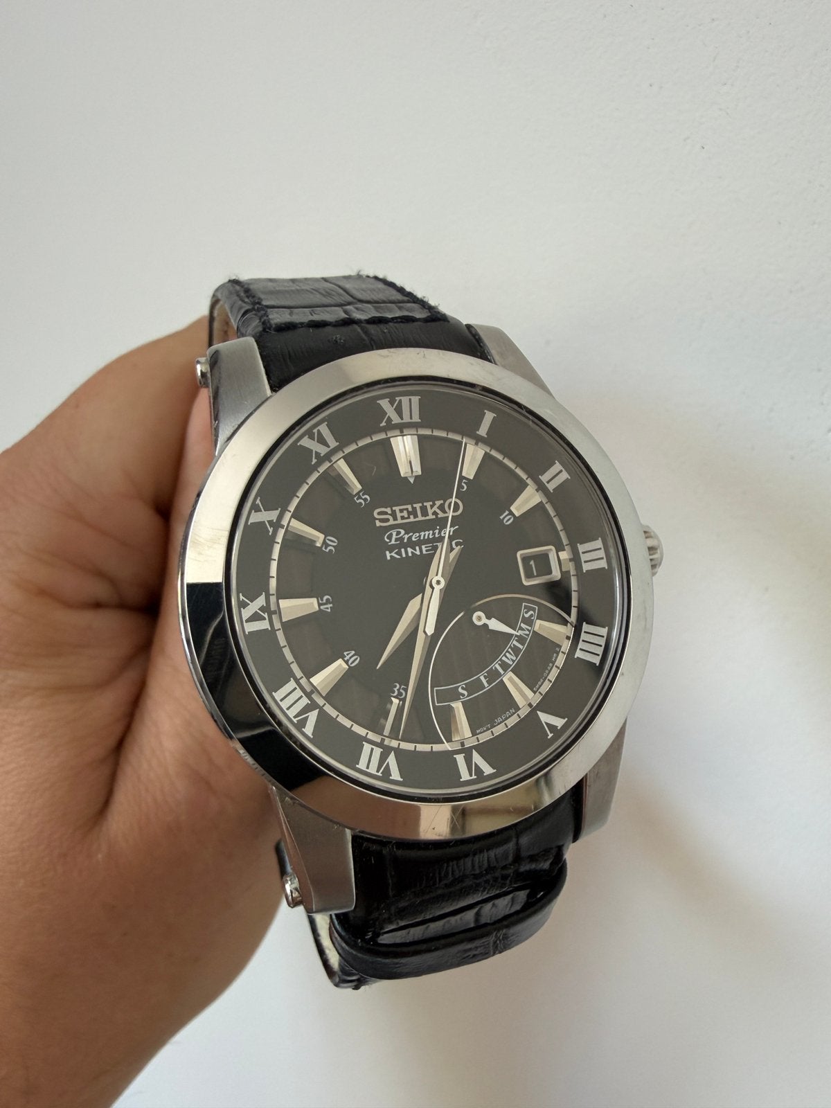 Als nieuw - Seiko Premier Kinetic SRN039P2 5M84 39mm, Seiko, Leer, Staal, Polshorloge