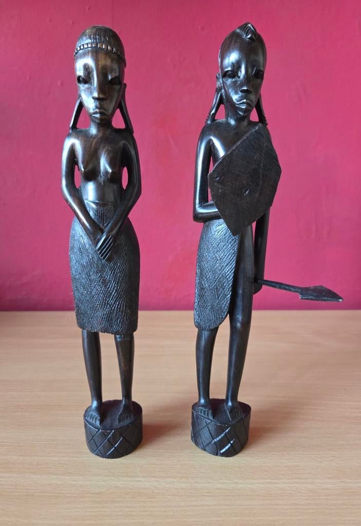 Traditionele Afrikaanse houtsnijwerkbeelden krijger vrouw, Antiek en Kunst, Ophalen of Verzenden, Handgemaakt, Beeld, Hout