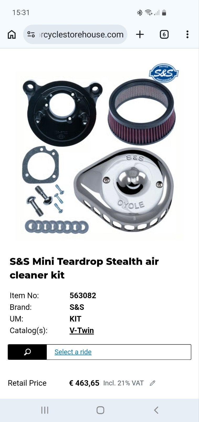 S&S Mini Teardrop Stealth luchtfilterhuis kit Chroom 563082, Ophalen of Verzenden, Nieuw