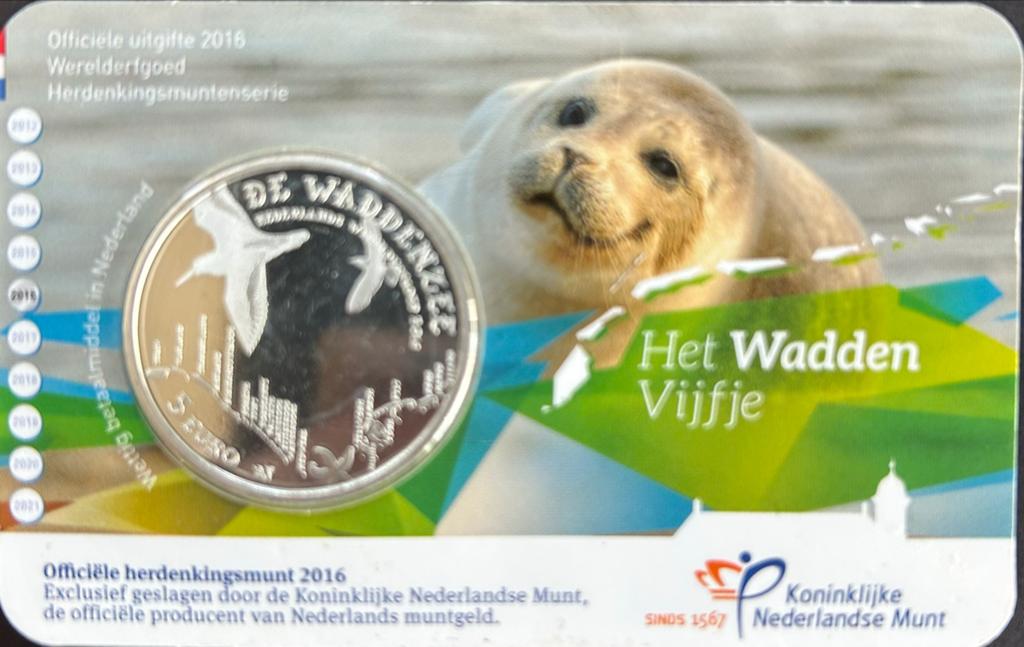 Het Wadden Vijfje 2016 - Zwaar Verzilverde €5,- munt, Ophalen, Euro's, Losse munt