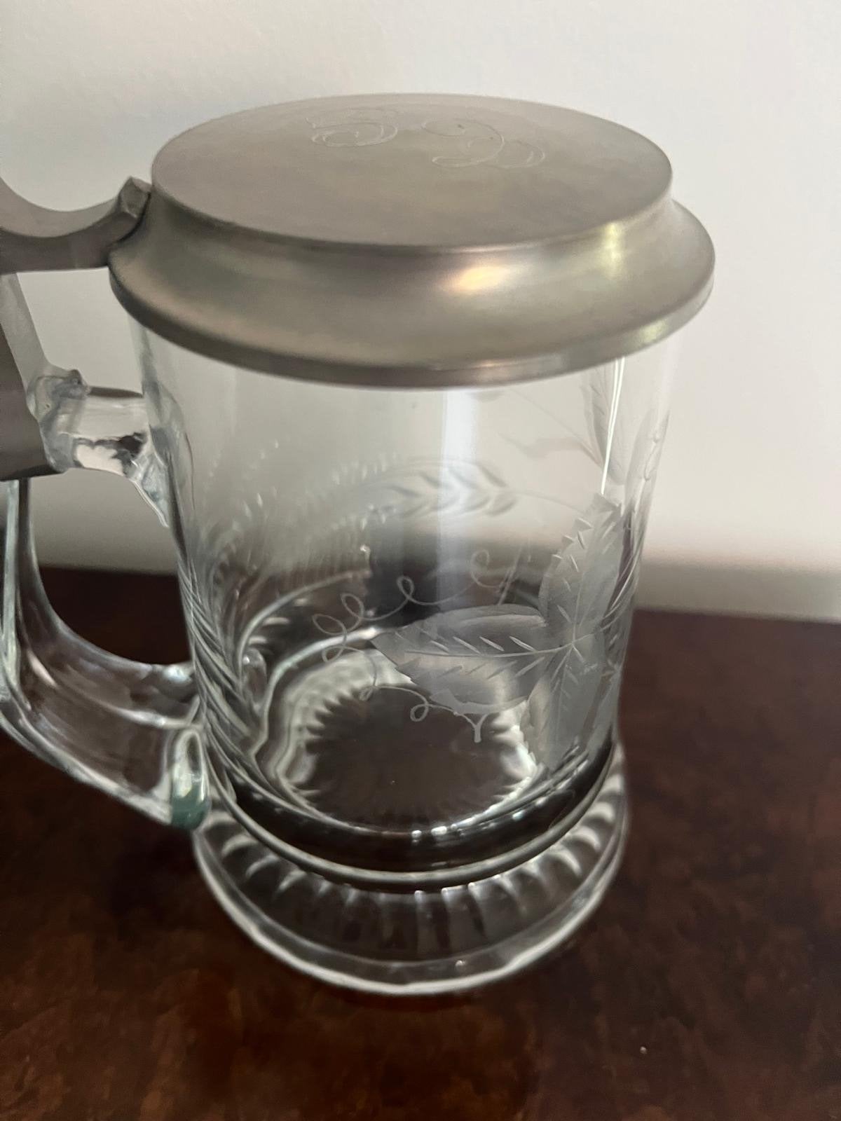 Antieke Glazen Bierpul met Tin Deksel - Gegraveerd, Ophalen