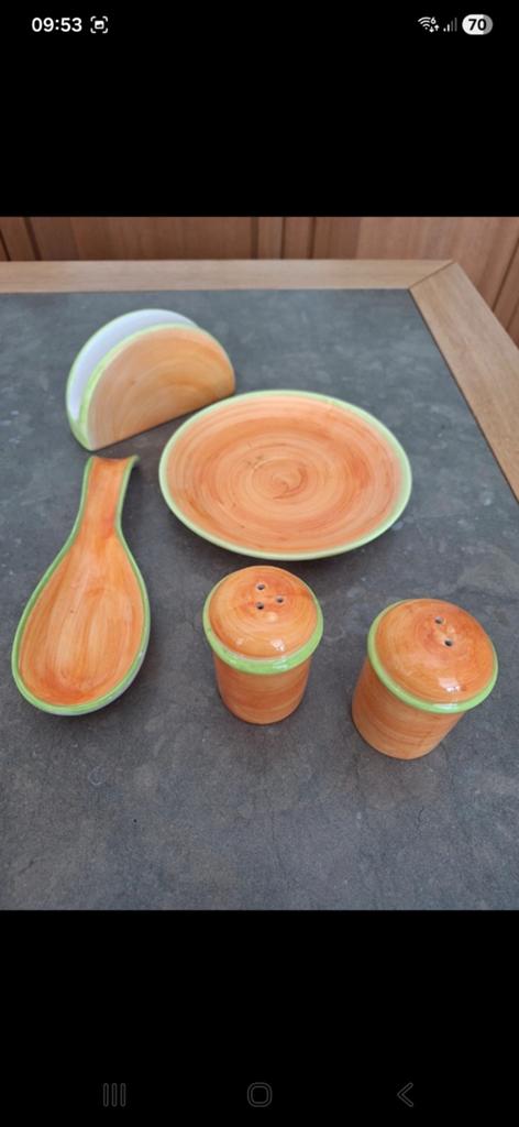 Vintage Aardewerk Servies Set - Oranje en Groen, Huis en Inrichting, Keuken | Servies, Gebruikt, Overige typen, Ophalen of Verzenden