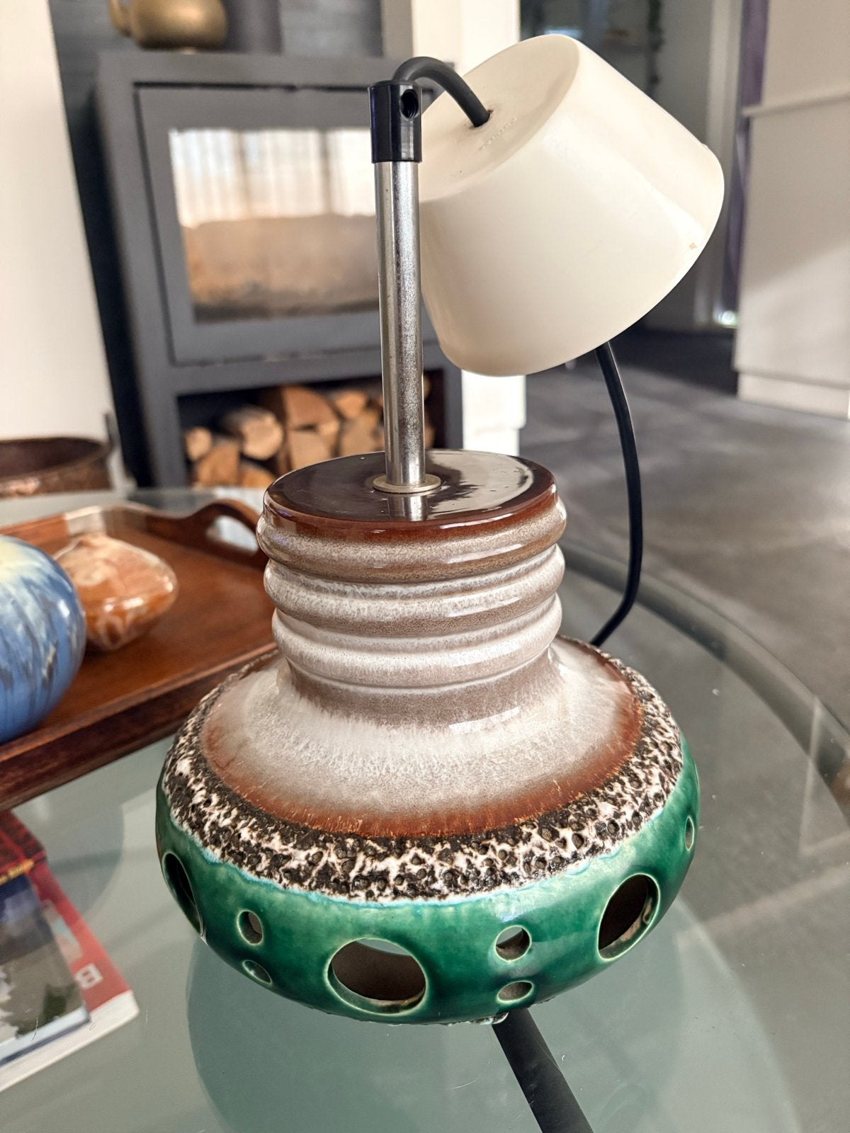 Vintage keramische tafellamp - groen/bruin - 16 cm hoog, Ophalen of Verzenden