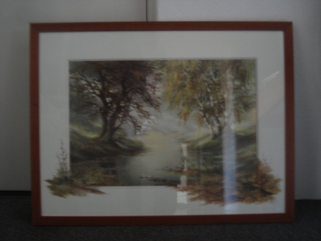 Schilderij, Antiek en Kunst, Kunst | Schilderijen | Klassiek, Landschap, Overige stijlen, Achter glas, Bijzondere lijst, Ingelijst