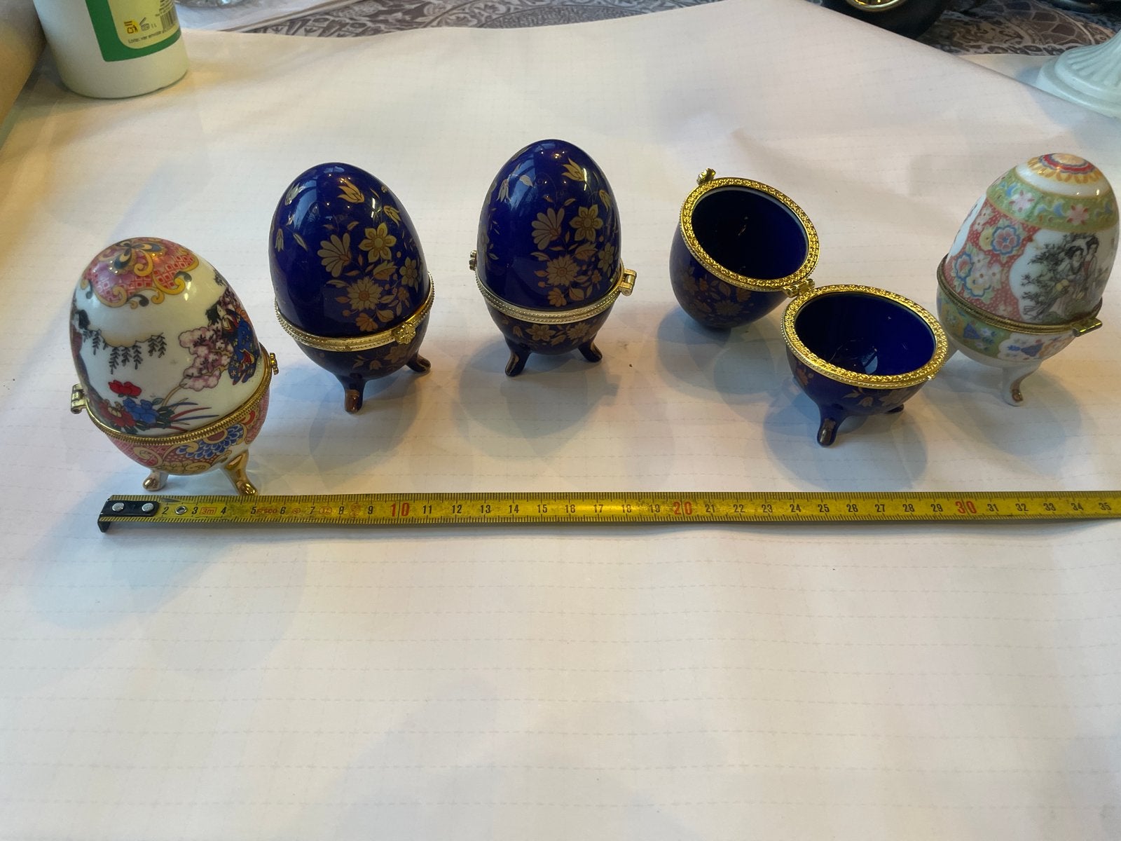 Set van 5 decoratieve eieren op voetjes, blauw en wit, Ophalen