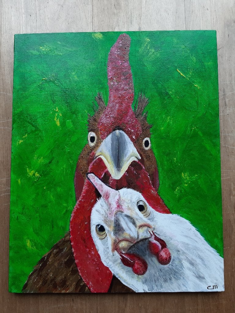 Nieuwsgierige Kip en Haan ( 40 x 50 cm.), Ophalen, 50 – 75, Minder dan 50 cm, Oorspronkelijke maker