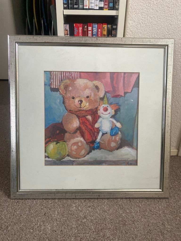 Schilderij met teddybeer en clown, Antiek en Kunst, Kunst | Schilderijen | Klassiek, Ophalen of Verzenden