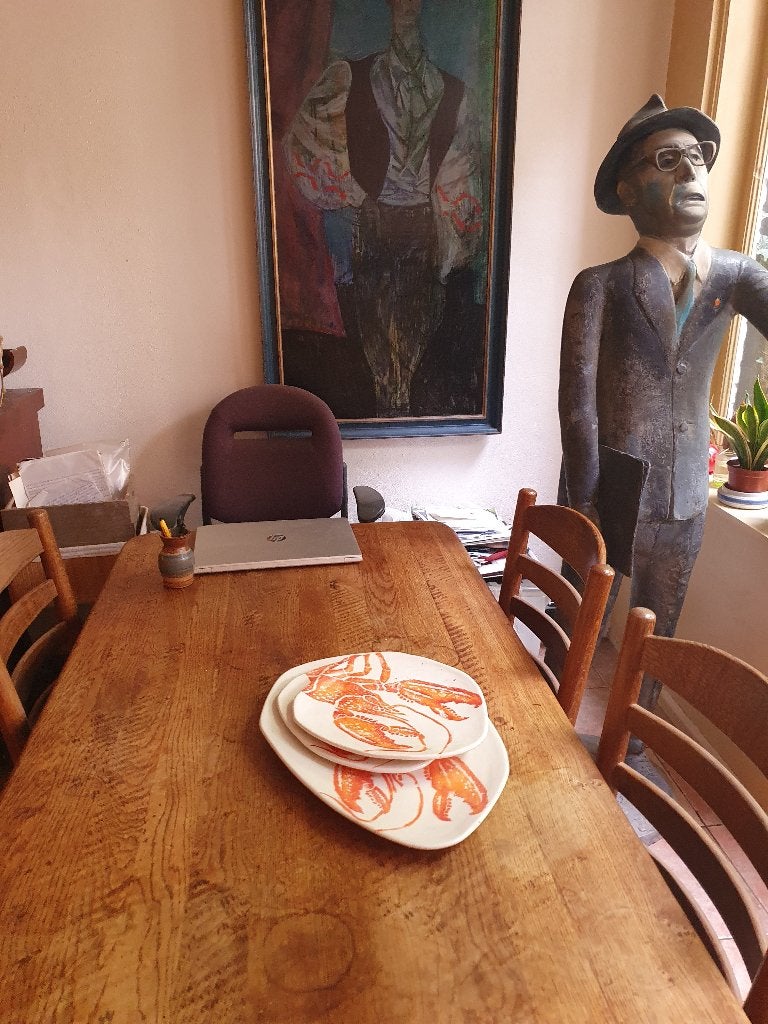Massief eiken kloostertafel en 4 stoelen, Ophalen, Gebruikt, 200 cm of meer, 50 tot 100 cm