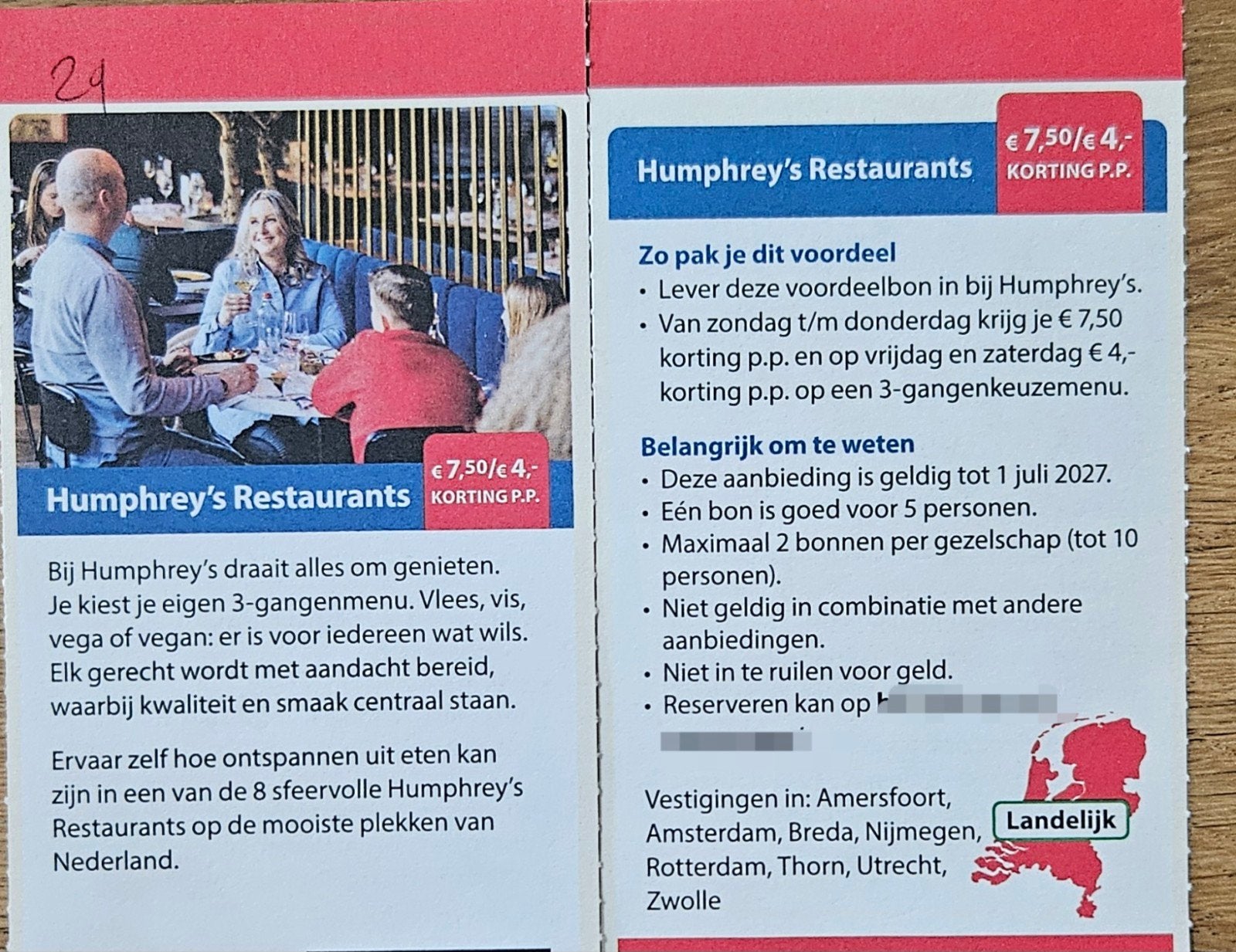 Humphrey's Restaurants €7,50/€4,- korting per persoon, Tickets en Kaartjes