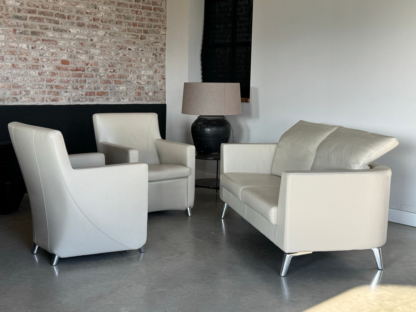 Leolux Bank en 2 Fauteuils -  als nieuw - leer - creme, Huis en Inrichting, X, 150 tot 200 cm, Tweepersoons, Ophalen of Verzenden