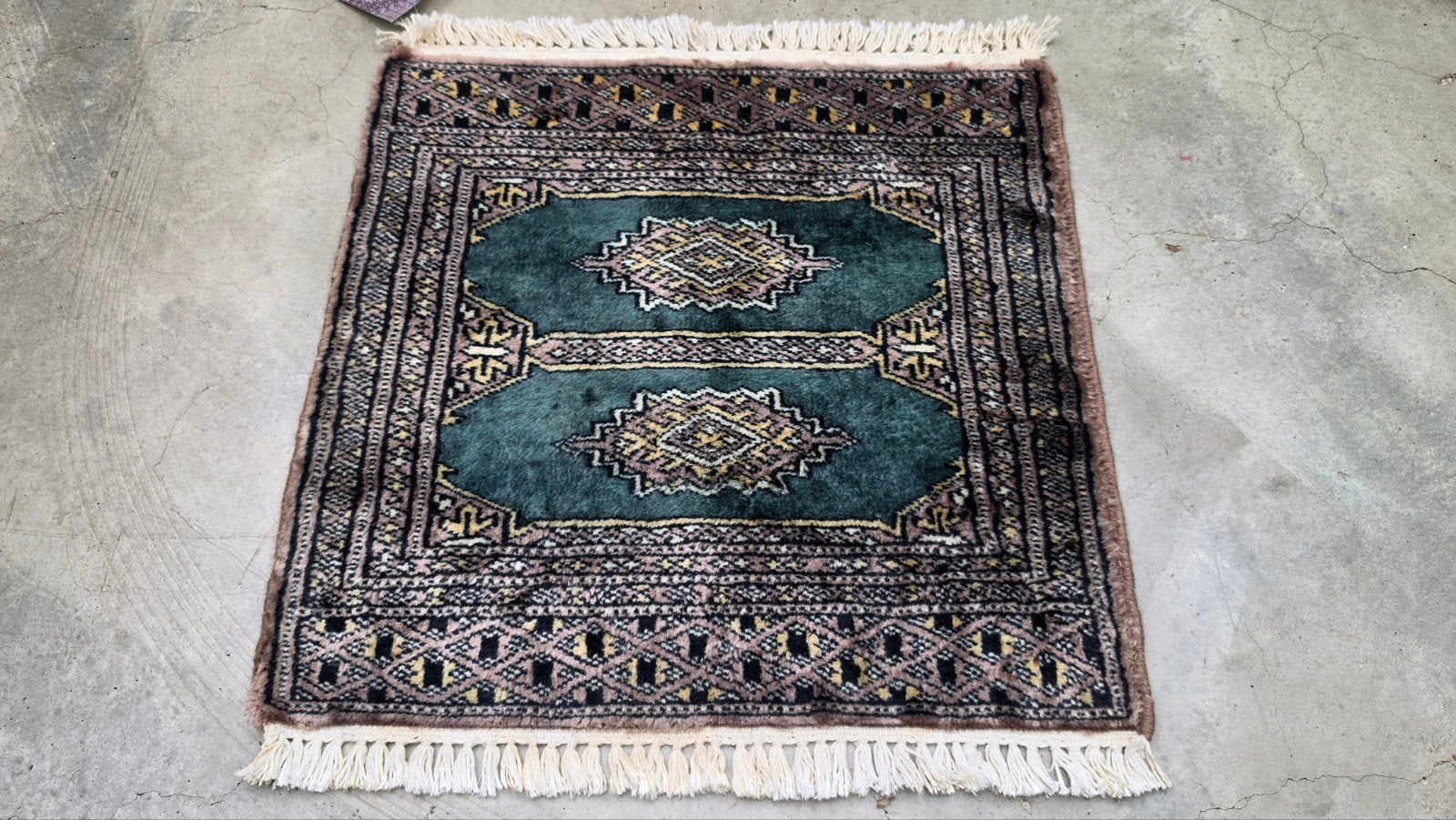 Handgeknoopt oosters merino wol tapijt groen square 47x50cm