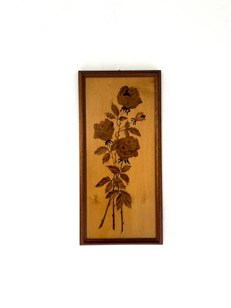 Vintage houten handwerk schilderij met rozen ‘60, Ophalen of Verzenden