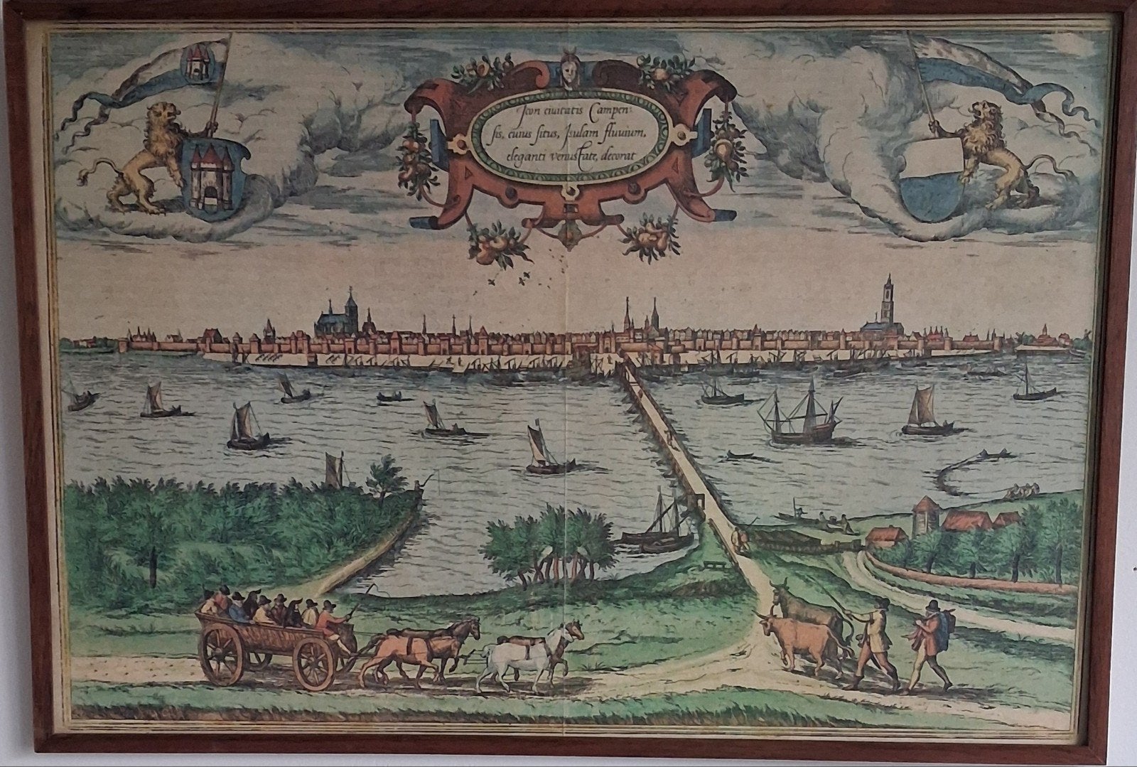 Kopergravure. Campen. Brander en Hogenberg. 1580., Antiek en Kunst, Handgekleurd, Cartografie, 50 cm, Ophalen of Verzenden