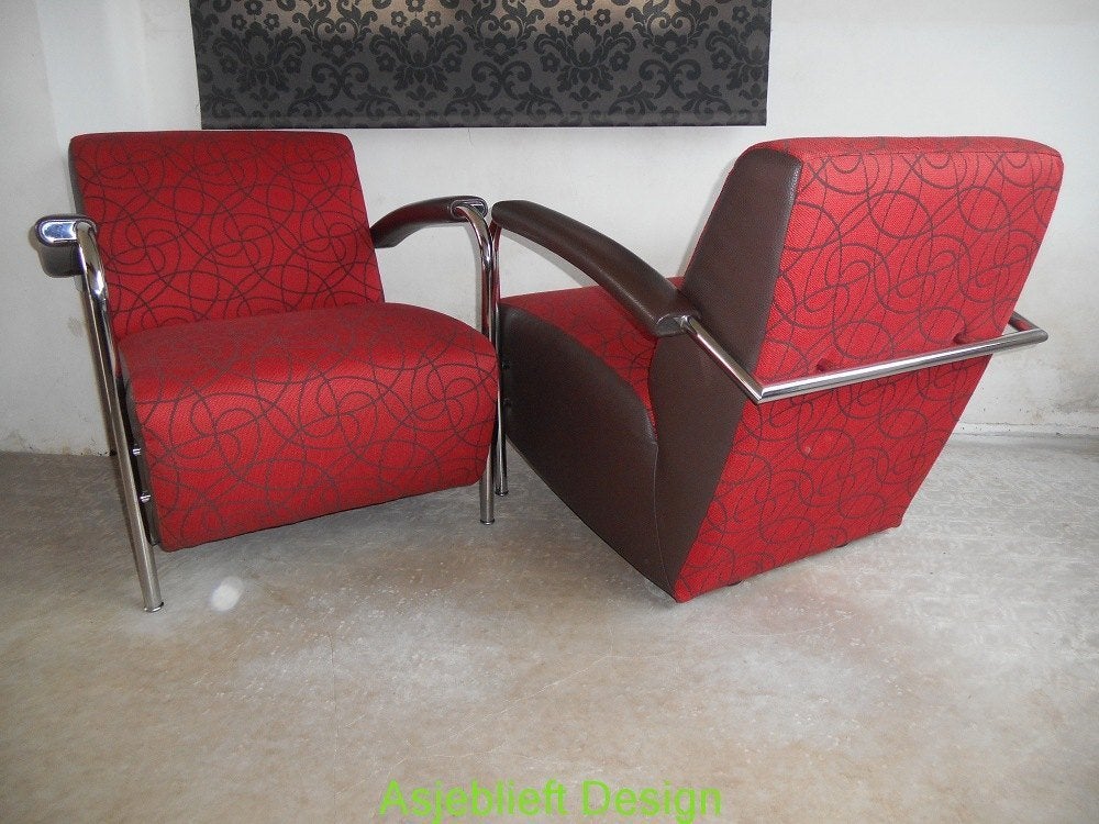 Leolux Scylla fauteuil in rood stof/bruin leer–rondjesmotief, Ophalen, Gebruikt, Leer, 75 tot 100 cm
