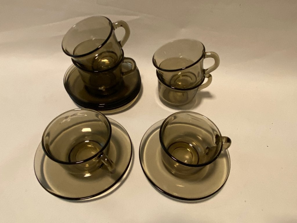 Retro Set van 6 Arcoroc France Rookglas Smoke kop en schotel, Gebruikt, Ophalen of Verzenden, Glas, Overige stijlen