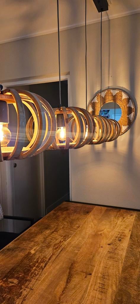 Mango houten hang   lamp, Huis en Inrichting, Lampen | Hanglampen, Ophalen, Zo goed als nieuw, 75 cm of meer