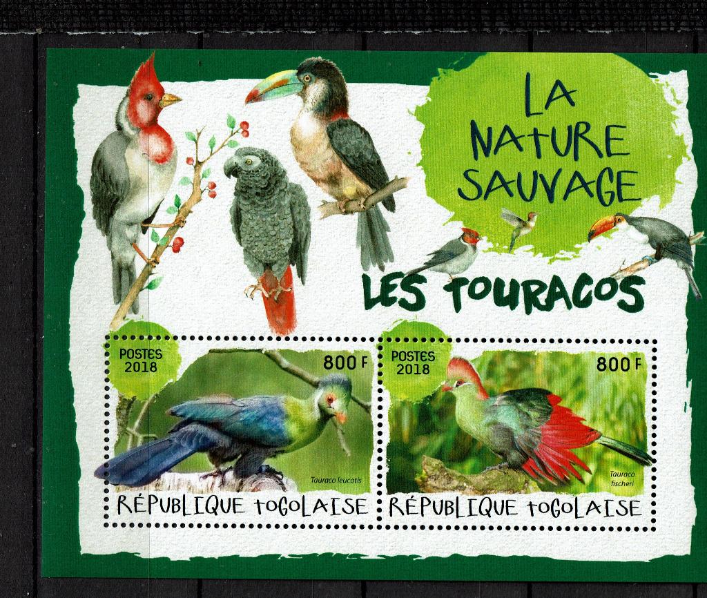TOGO 2018 PF BLOK TOERAKO TOURCO VOGELS BIRDS 2, Ophalen of Verzenden, Postfris, Dier of Natuur