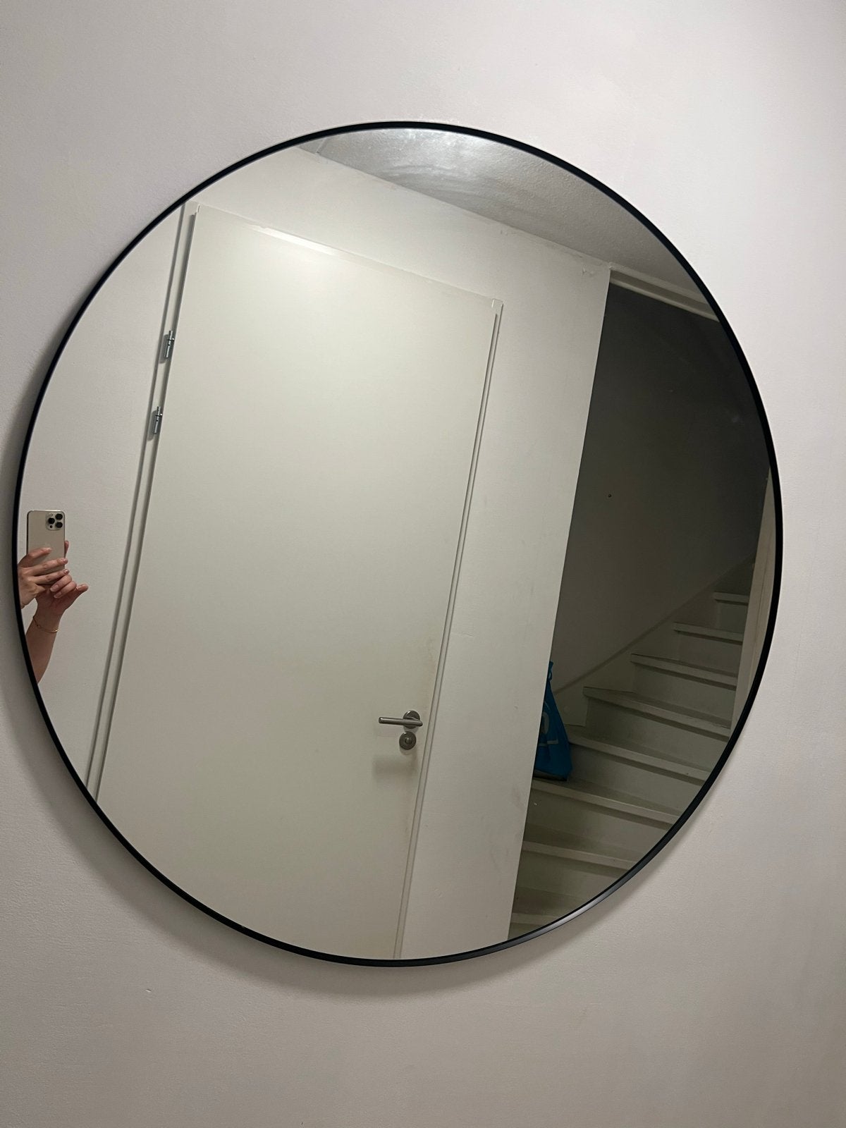 Ronde spiegel met zwarte rand 110 cm, Huis en Inrichting, Ophalen, 100 tot 150 cm, Rond, Zo goed als nieuw
