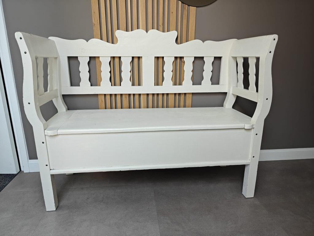 Antieke brocante landelijke klepbank met opbergruimte., Tuin en Terras, Tuinbanken, Ophalen, Gebruikt, Hout