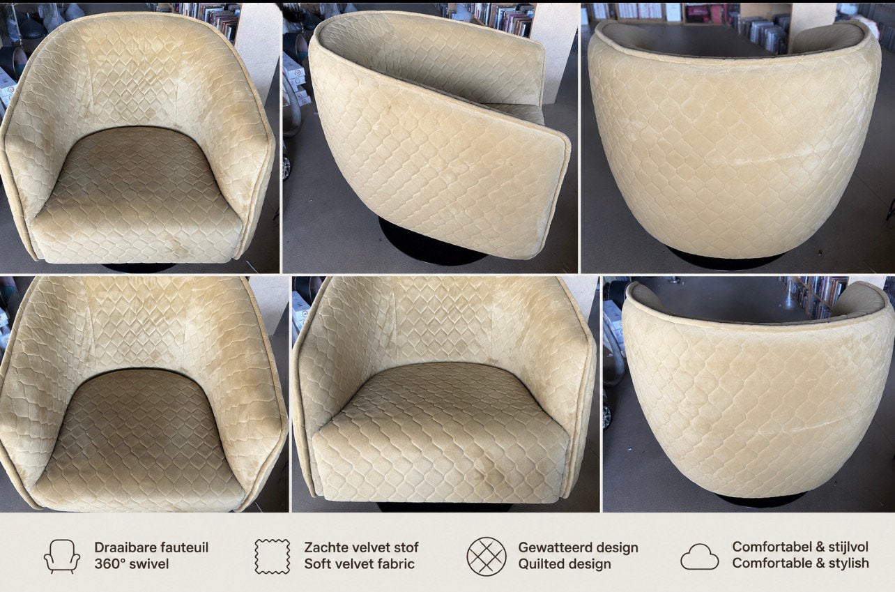 Cartel Living Design Draaifauteuil – Okergeel Velvet - zagn, Huis en Inrichting, Fauteuils, Design, 75 tot 100 cm, Ophalen of Verzenden