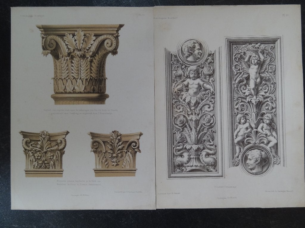 Lithos Pilaster kapitelen en versiering G. Severeyns Brussel, Antiek en Kunst, Kunst | Litho's en Zeefdrukken, Origineel, Verzenden