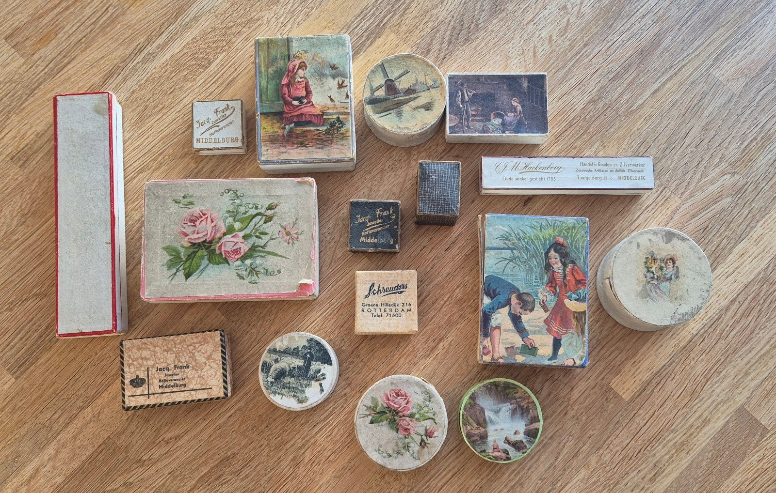 Collectie van 16 antieke kartonnen sieraden doosjes,, Ophalen of Verzenden, Gebruikt