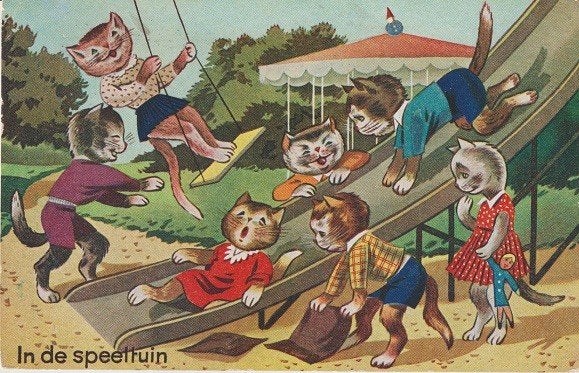 Getekend 1942 poezen in de speeltuin, Verzenden, 1940 tot 1960, Gelopen, Overige thema's