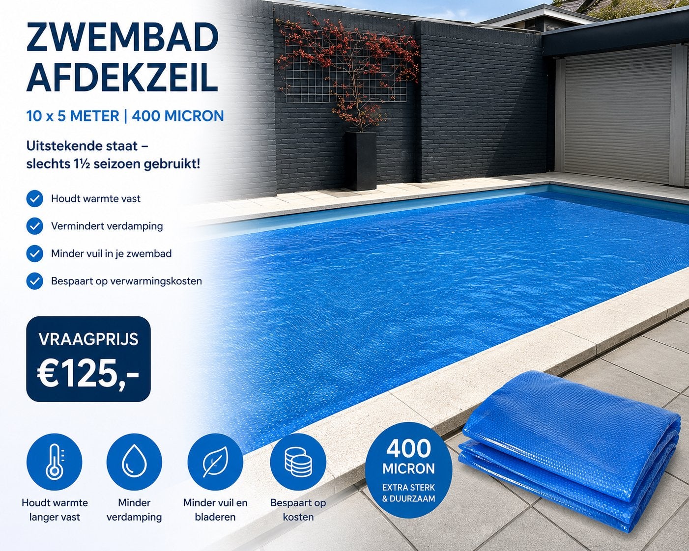 Zwembad afdekzeil / solarzeil 10 x 5 meter – 400 micron, Ophalen of Verzenden, Zo goed als nieuw, Afdekzeil