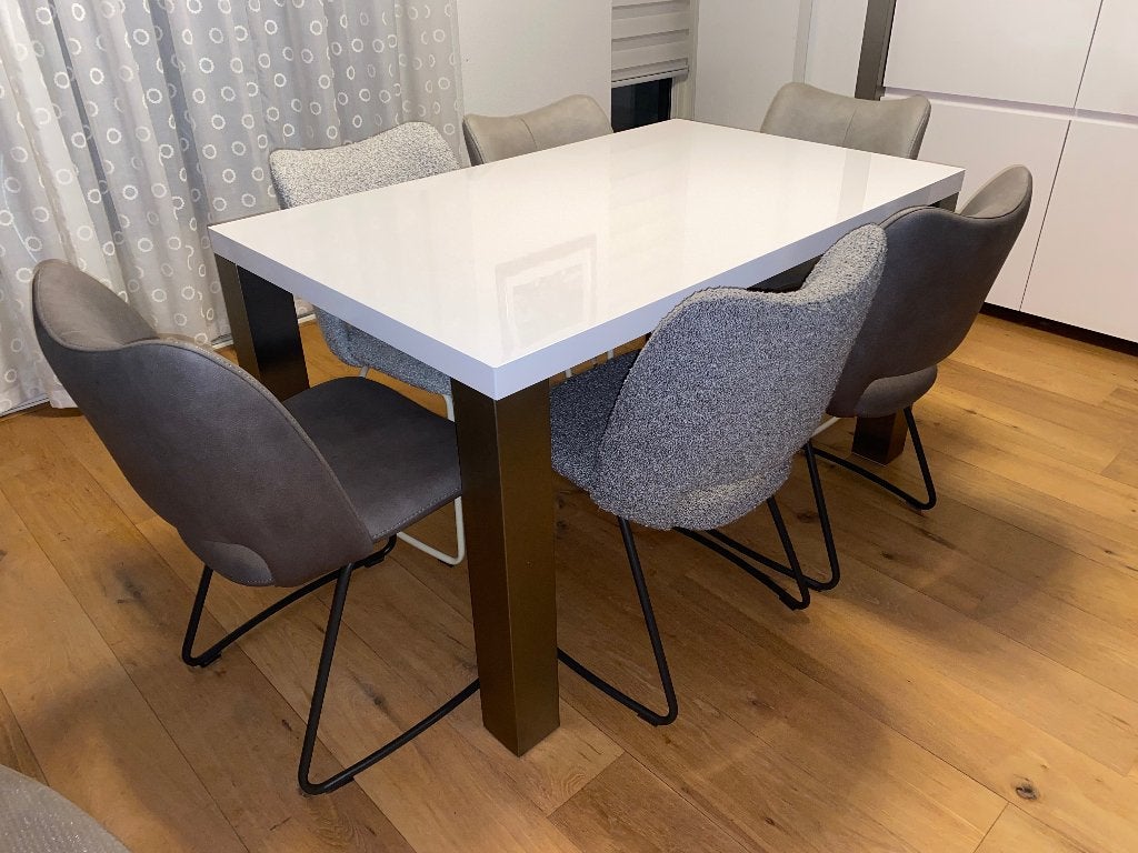 Witte eettafel hoogglans met rvs poten, Ophalen, Gebruikt, 100 tot 150 cm, 50 tot 100 cm