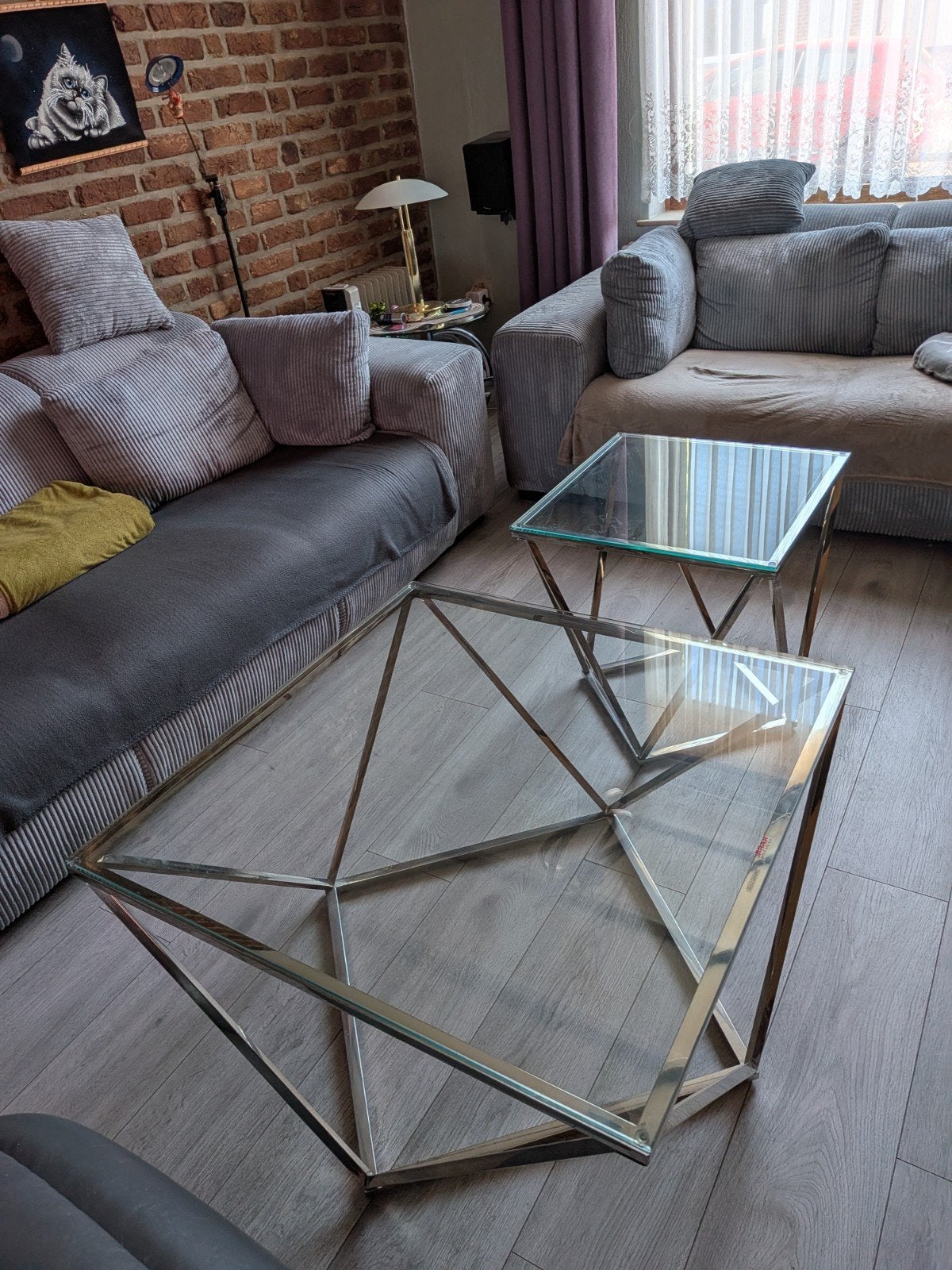 Set van 2 Salontafels/Bijzettafels met Chroom Onderstel, Huis en Inrichting, Tafels | Salontafels, Ophalen, 50 – 75, Gebruikt