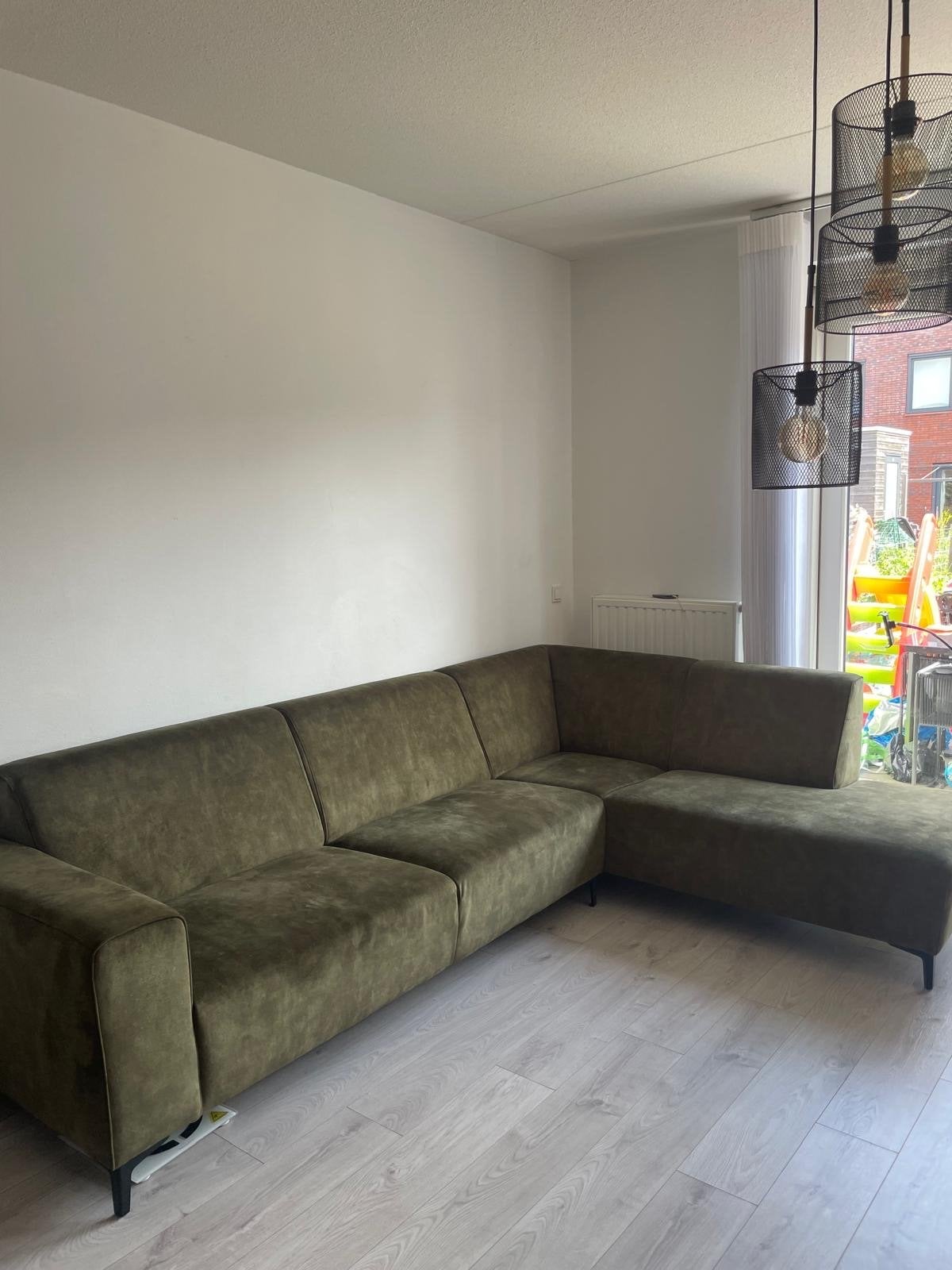 Grote hoekbank lounge bank in olijf groen 290 bij 205cm, Ophalen, Gebruikt, Stof, Velvet