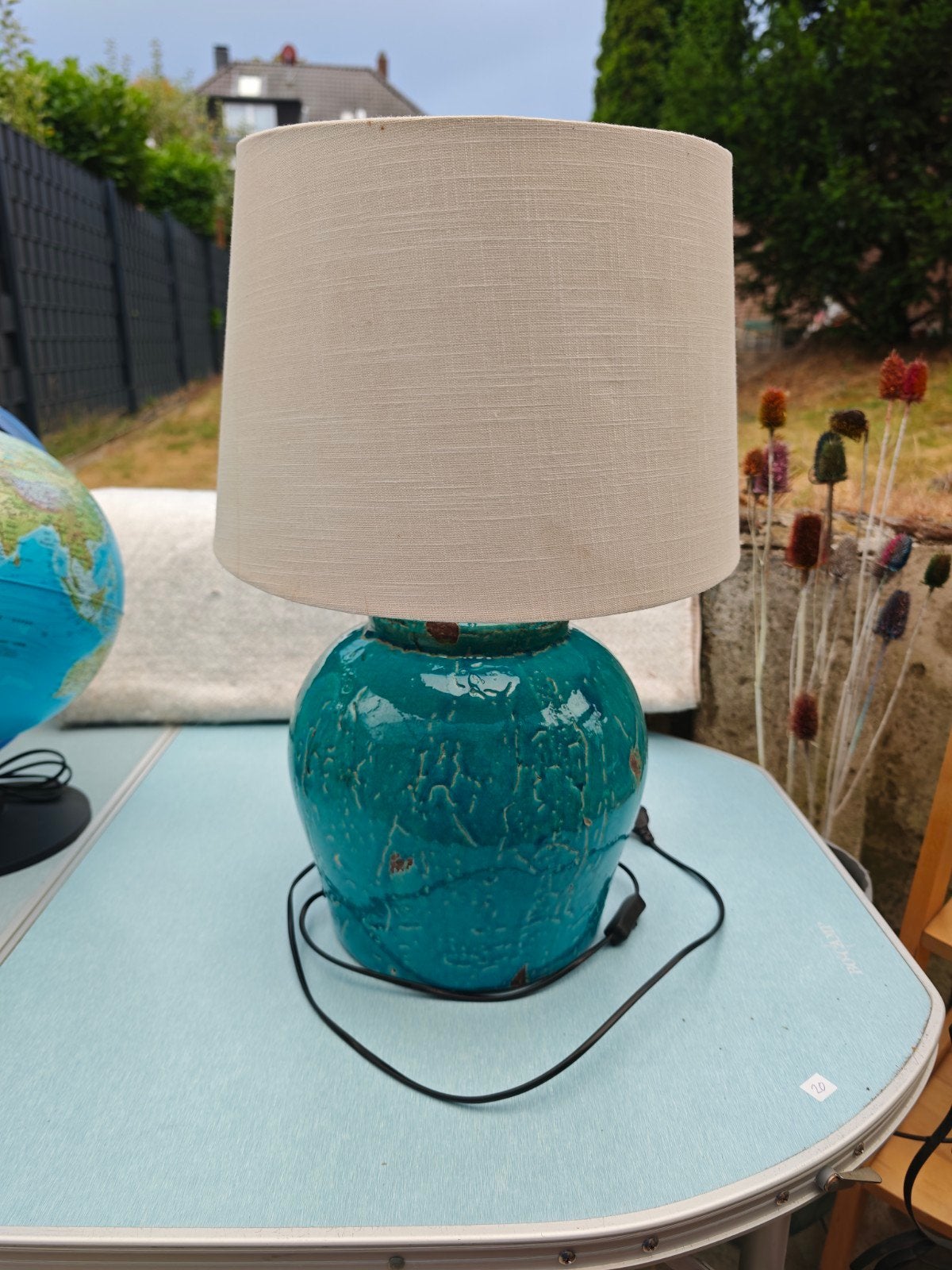 Turquoise tafellamp met linnen kap, Blauw, Met schakelaar, Gebruikt, Textiel