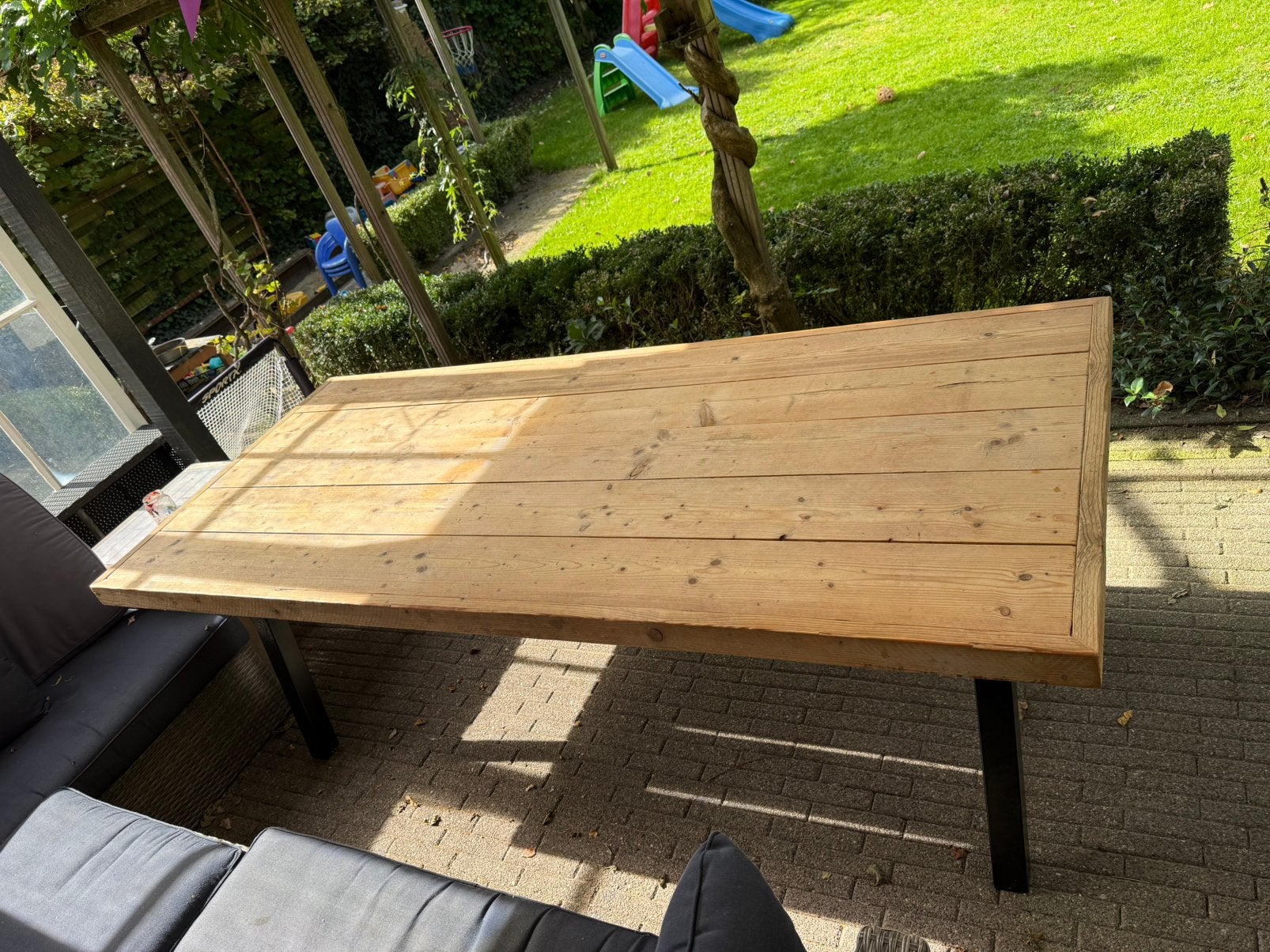 Steigerhouten tafel, Ophalen, Gebruikt, 200 cm of meer, 50 tot 100 cm