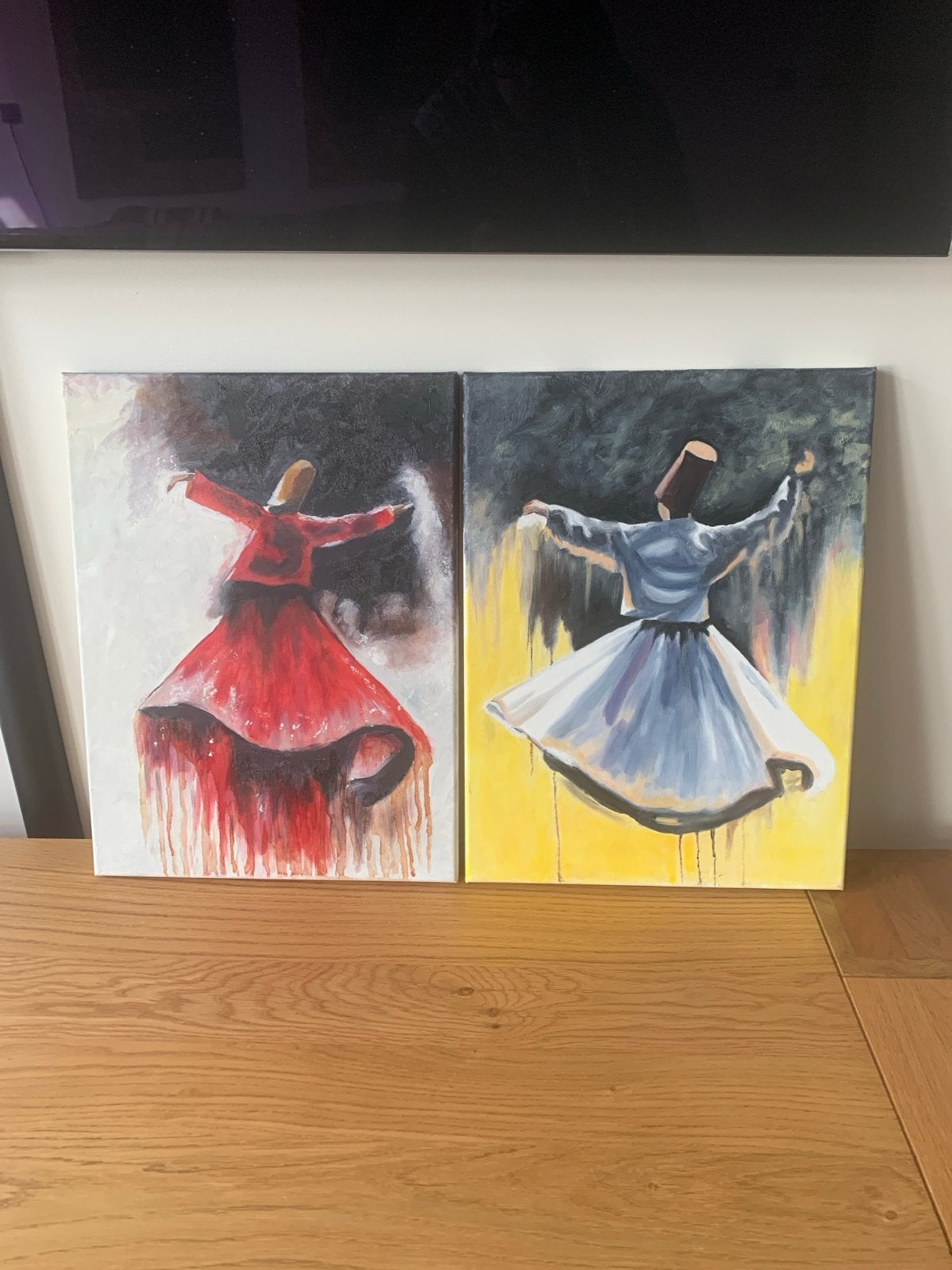 Olieverfschilderij 30x40 cm - Derwisj Dansers Set, Antiek en Kunst, Figuren, Handgeschilderd, Ophalen of Verzenden, Olieverf
