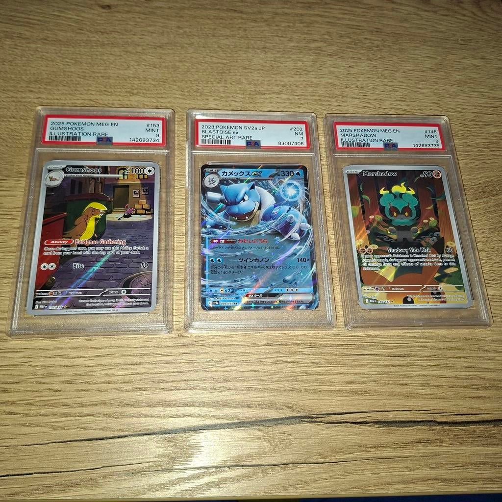 3 PSA Graded Pokémon Kaarten: Gumshoos, Blastoise, Marshadow, Ophalen of Verzenden, Zo goed als nieuw, Meerdere kaarten