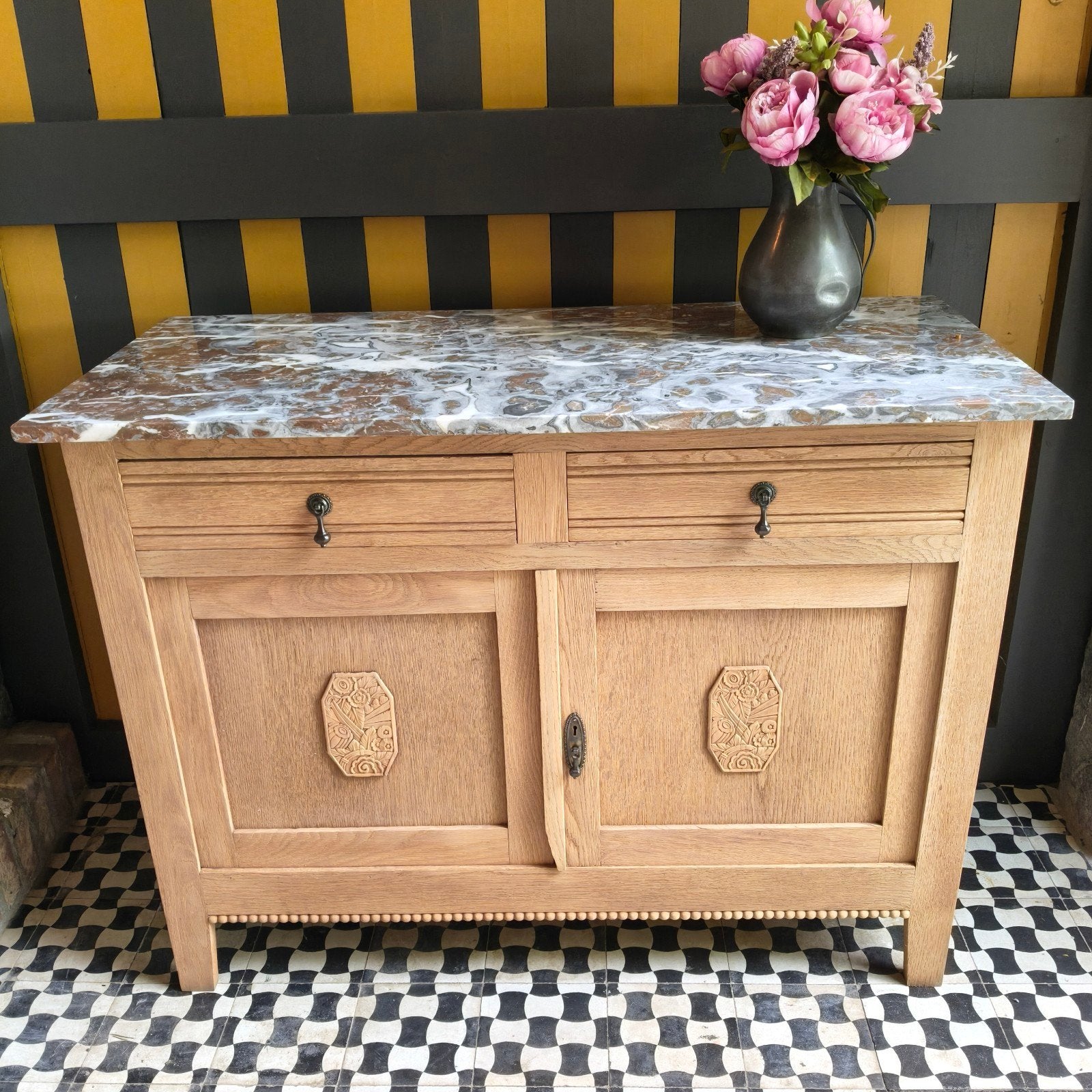 ❤️ Antieke blank eiken commode, dressoir met marmeren blad, Ophalen, 50 tot 70 cm, 100 cm of meer, 90 tot 105 cm