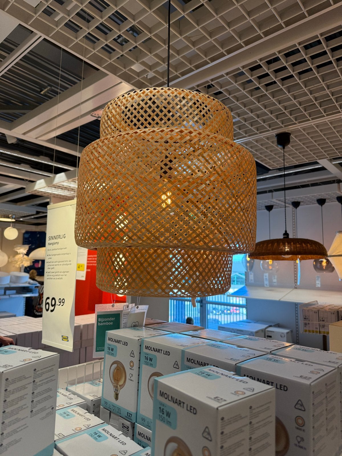 IKEA SINNERLIG Bamboe Hanglamp met LED Filament Lamp, Ophalen, Zo goed als nieuw, Natuurlijk materiaal, E27 (groot)