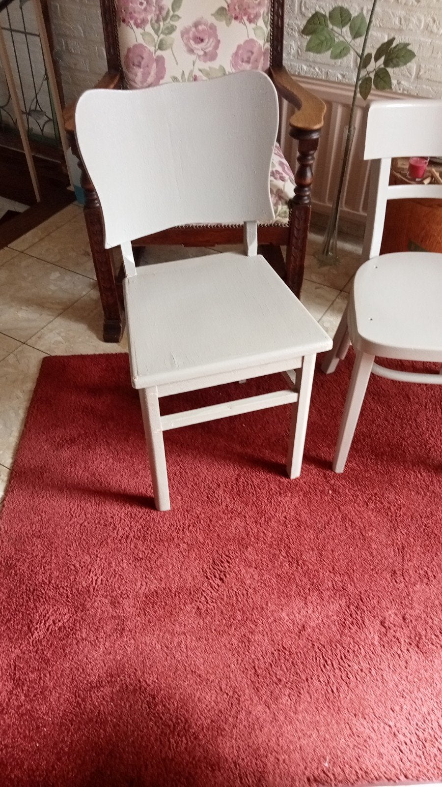 Set van 3 vintage houten stoelen, lichtgrijs geverfd, Huis en Inrichting, Ophalen, Gebruikt, Drie, Grijs